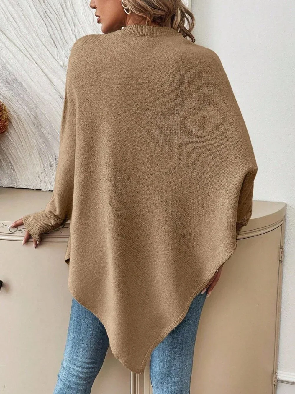 Khaki Casual Women's Asymmetrical Hem Crew Neck Sweater
